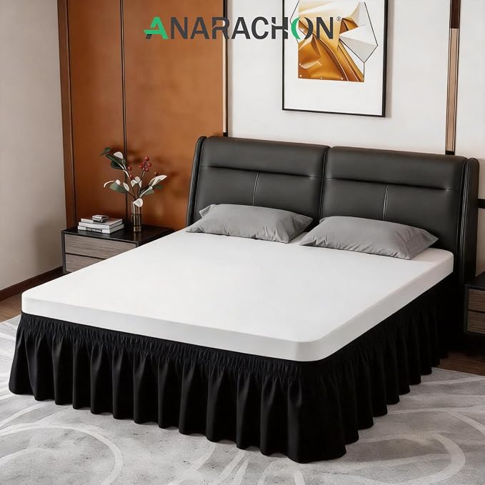 ANARACHON Queen Bed Skirt, Elastic Wrap Around Bed Skirt Queen Size, Bed Skirts for Adjustable Bed, Easy Fit with 14" Drop Length Tailored Drop Dust Ruffle (Black)