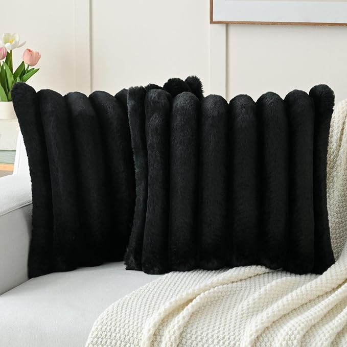 HAUSSY Pack of 2 Pillow Covers 26x26 Inch, Faux Fur Decorative Couch Throw Pillows Soft Striped Plush Cushion Covers Home Decor Cute Furry Pillowcase for Living Room Sofa Bed, Black (Covers Only)