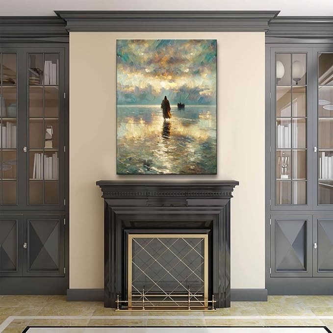 Framed Jesus Pictures for Wall God Canvas Wall Art Jesus Walking on Water Paintings print for Living Room Christian Art Decor Religious Posters Ready to Hang 16x24Inches