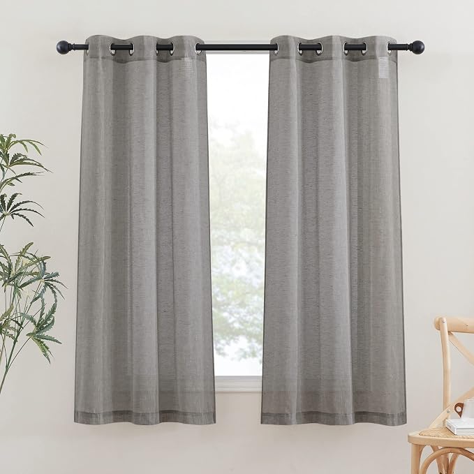 NICETOWN Charcoal Grey Linen Curtains for Bedroom 63 inch Long, Grommet Flax Semi Sheer Window Curtains & Drapes Privacy with Light Filtering for Kids Room, 2 Panels, W36 x L63