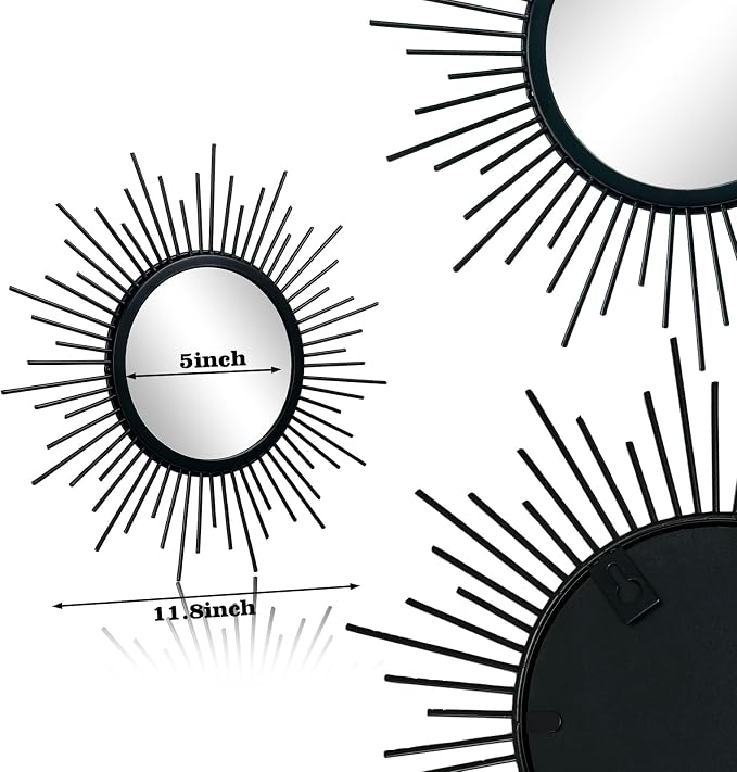 3 Set Sunburst Mirrors for Wall Decor Living Room Bedroom Bathroom Dining Room Metal Boho Sunburst Wall Mirror Set Gold Metal Vintage Circle Art Pack - Black 11.8 in