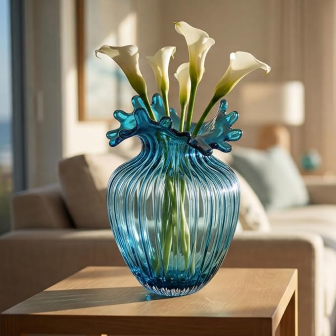 ZAVOOS Hand Blown Glass Vase, Unique Bubble Waves Mouth | Modern Decorative Blue Vase, Elegant Flower Vase for Home Decor, Living Room Centerpieces, Table Bouquet, Wedding Decoration
