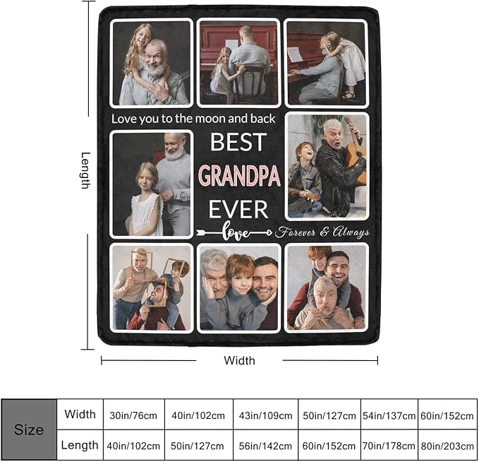 Gifts for Grandpa Custom Blanket with Photo, Make a Personalized Fathers Day Blankets Gift with Pictures Customized Father's Day Throw Blanket for Best Grandpa Ever, 8 Collage Made in USA