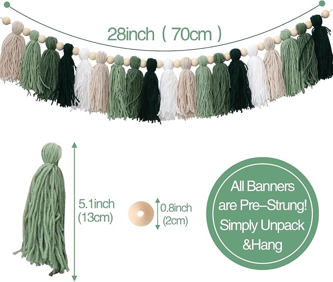 Green Tassel Wood Bead Garland Wall Hanging In Home Decor For Nursery Kids Bedroom Birthday Baby Shower Party Decoration