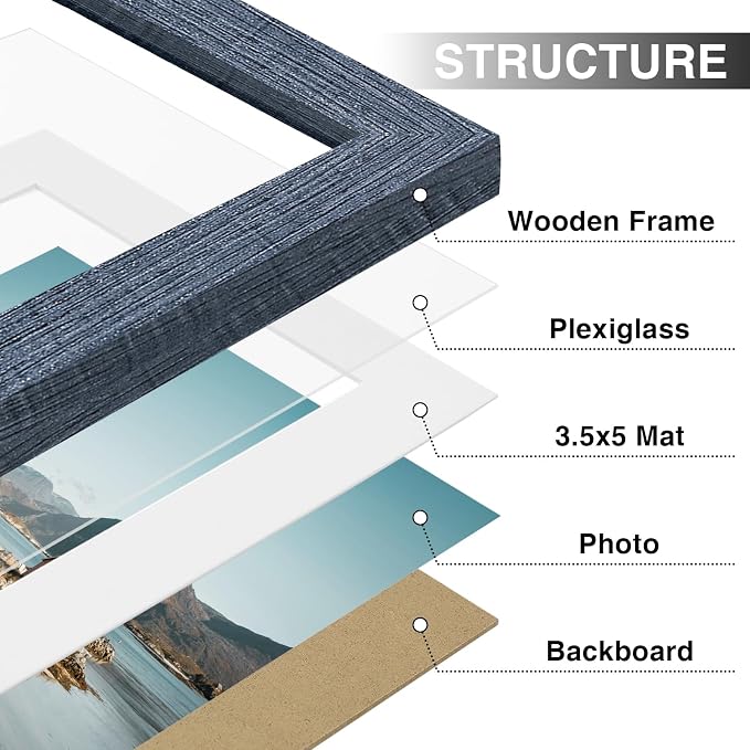 Vittanly 4x6 Picture Frames Set of 9 for Wall or Tabletop Display, Navy | Display Pictures 3.5x5 with Mat or 4x6 without Mat, Small Photo Frames, Engineered Wood with Shatter Resistant Plexiglass