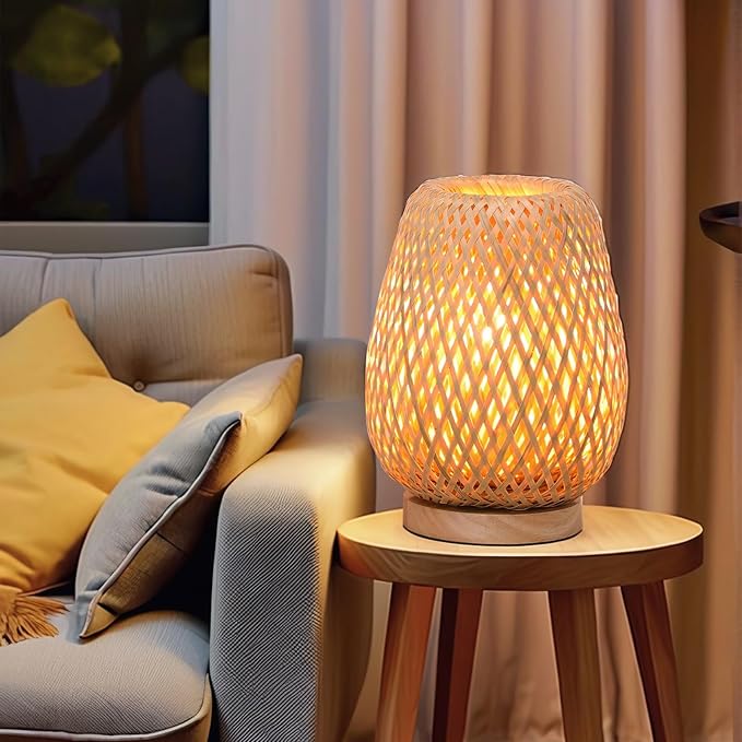 Rattan table lamp, 9.25''boho table lamp hand woven vintage willow wooden small bedside lamp, Bohemian bamboo woven nightstand desk lamp for bedrooms living rooms desks children's rooms hallway