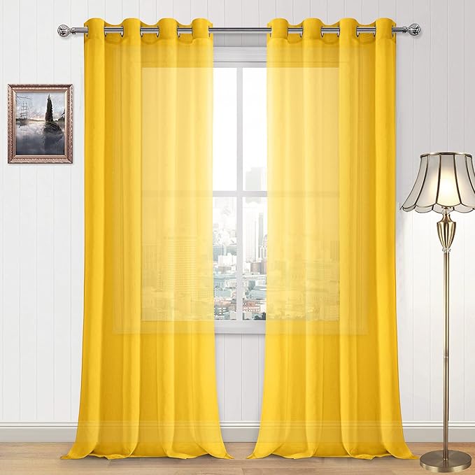 DWCN Yellow Faux Linen Sheer Curtains - Grommet Voile Window Curtain Drapes for Bedroom Living Room 52 x 90 inches Long, Set of 2