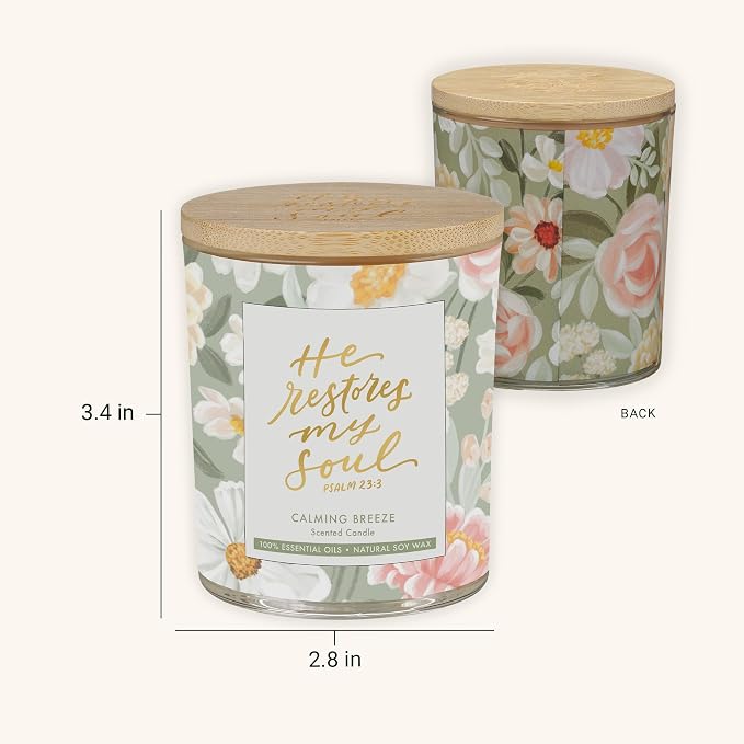 Christian Art Gifts Soy Wax Scented Candle: He Restores My Soul Bible Verse