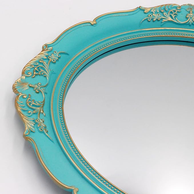 Eaoundm 13.1 x 14.8 inchs Decorative Wall Mirror, Oval Blue Plastic Frame | Vintage Hanging Mirrors for Bedroom Living-Room Dresser Decor