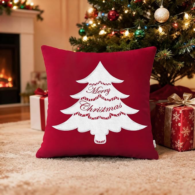 BRAWARM Christmas Pillow Cover 20 X 20 Inches, Christmas Red Christmas Tree Embroidered Pillow Cover, Soft Velvet Decorative Throw Pillow for Couch Bed Sofa Living Room Home