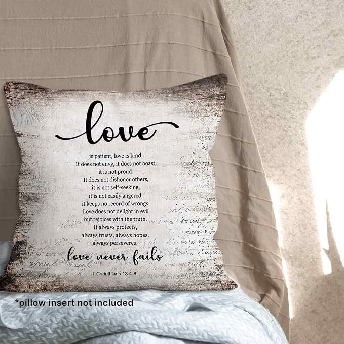 Vintage Christian Bible Verse Love Never Fails Throw Pillow Covers 18x18, Rustic Scripture Corinthians Decor Pillow Cases for Bedroom Living Room, Religious Decorative Pillowcase for Couch Bed