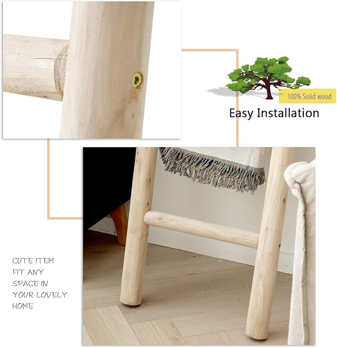FUIN Blanket Ladder, 57in Rustic Solid Wood Decorative Ladder, Natural | Farmhouse living room accent, Layered blanket towel quilt display, Visible wood grain, Bathroom and Bedroom use