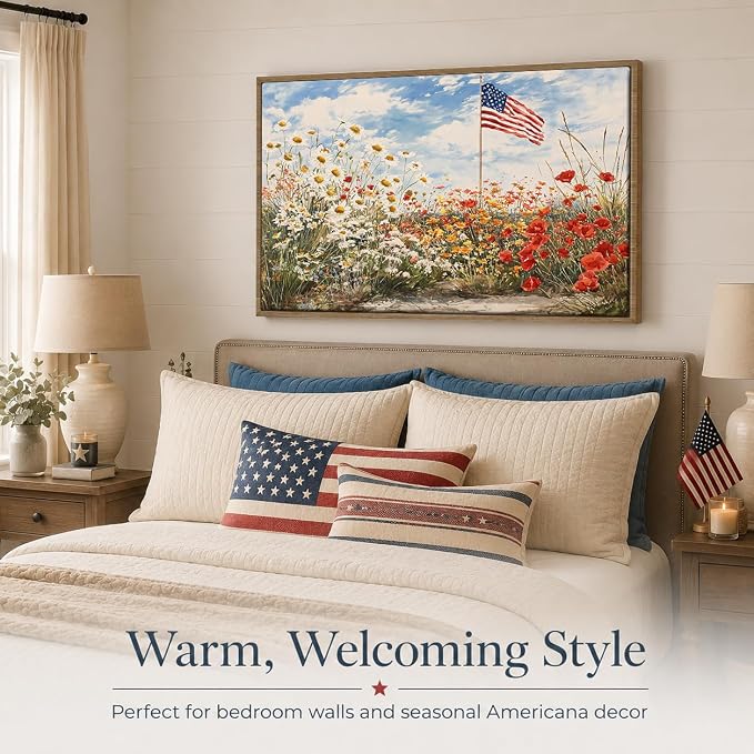 American Flag Framed Canvas Wall Art, 4th of July Patriotic Canvas Prints | Wildflower Landscape Poster Print, Vintage Rustic Independence Day Wall Decor for Bedroom Living Room Office 20×24in