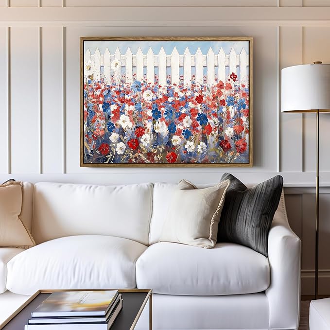 American Flag Framed Canvas Wall Art, 4th of July Patriotic Canvas Prints | Vintage Rustic Landscape Poster Print, Independence Day Wall Decor for Bedroom Living Room Dining Room Office 20×24in
