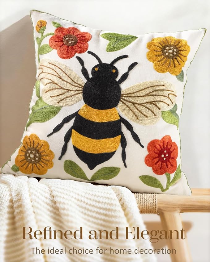 Animal Embroidered Throw Pillow Cover 18x18 Inch, Bee Floral | Decorative Pillow Cover, Farmhouse Cushion Cases with Hidden Zipper, Cottagecore Decor for Couch, Sofa, Living Room