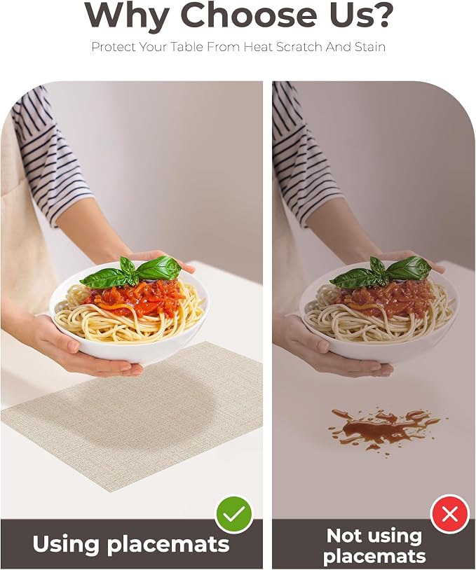 Leetaltree Beige Placemats Set of 6 - Heat-Resistant, Non-Slip Table Mats, Washable Woven Vinyl for Indoor & Outdoor Dining