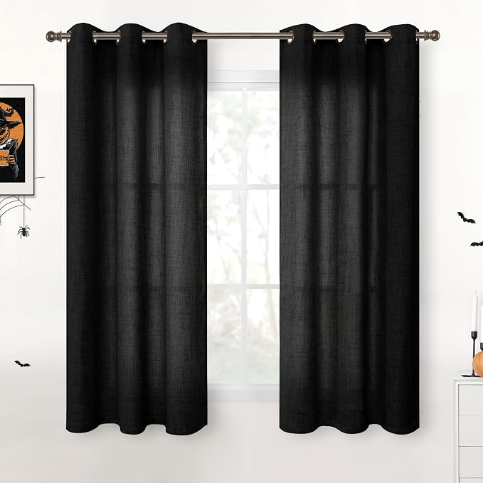 YoungsTex Black Linen Curtains 48 Inch Length for Short Window, Light Filtering Semi Sheer Drapes with Bronze Grommet Privacy for Bathroom Living Room, 42 x 48 Inch, 2 Panels