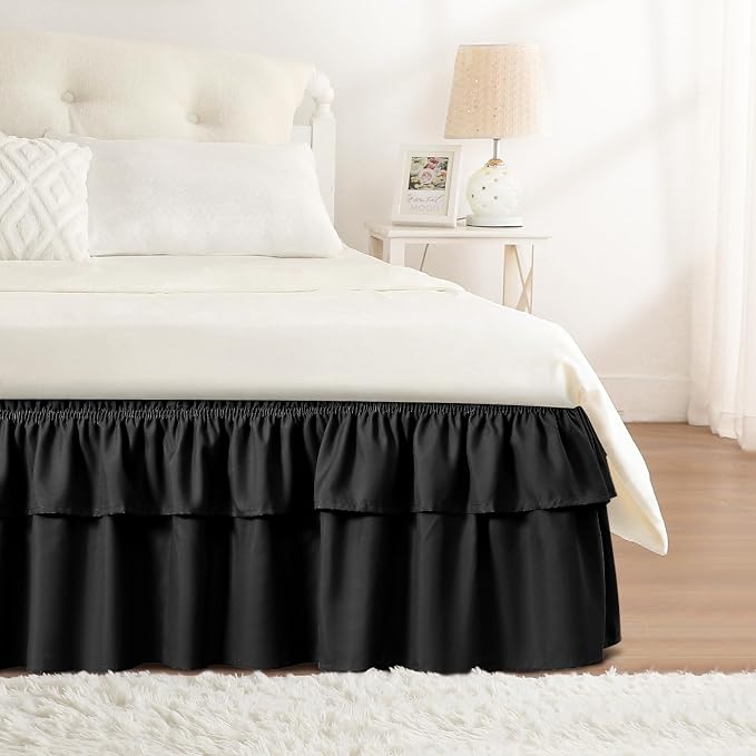RIMELA Ruffle Bed Skirt Black Queen 15 Inch Drop, Elastic Wrap Around Bed Skirting Queen Size, Easy to Install Dust Ruffle, Machine Washable Soft Fabric, Multi Ruffle Bedskirt