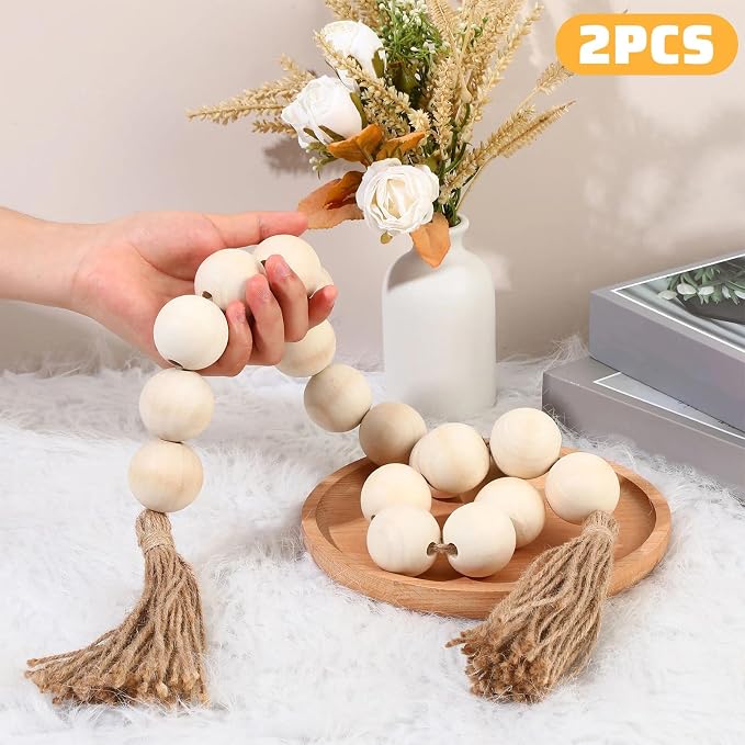 2 Pcs Large Wood Bead Garland with 1.57" Diameter Wood Beads and Tassel, Decorative Beads Boho Home Decor 40'' Long Oversized Wooden Beads Garland Table Decoration for Tiered Tray Wall (White)