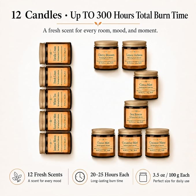 12 Pack Summer Scented Candles, 3.5 oz Amber Glass Jar Soy Candle Set | 8% Essential Oil Blend, Gifts for Women Birthday Housewarming