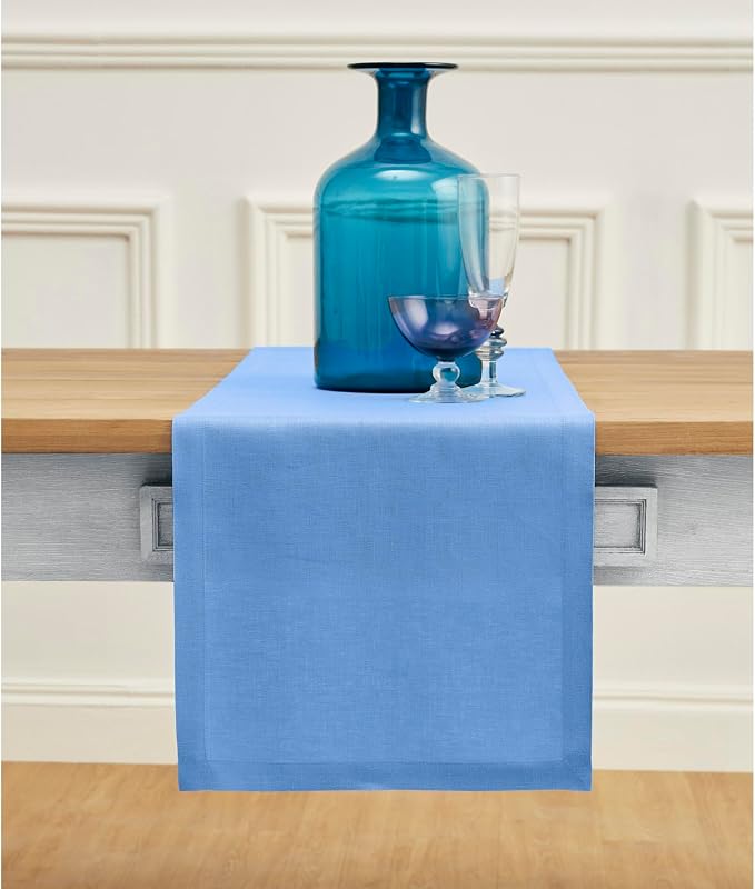 Solino Home 100% Pure Linen Table Runner Provence Blue, Fete 14 x 120 in | a graceful centrepiece for dining and gatherings, European flax fibres, handloomed texture, soft, fine, OEKO-TEX Certified