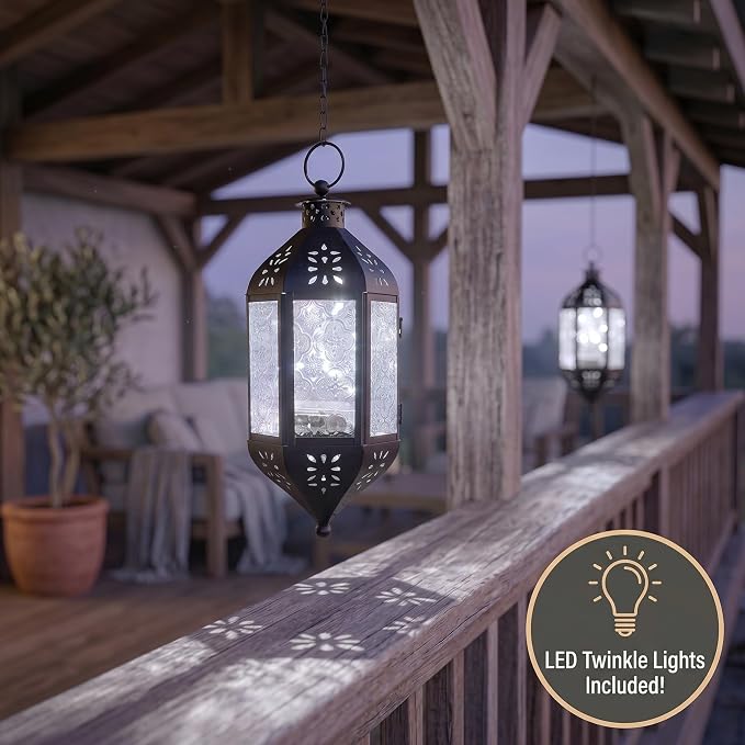 Vela Lanterns Hanging Moroccan Lantern with LED Twinkle Fairy Lights - Exotic Decorative Patio & Porch Decor, Indoor Outdoor Candle Lamp Holder with Chain (13" Large, Clear Glass)