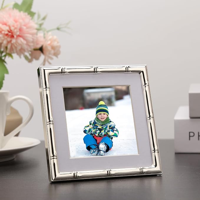 YiPinYin 4x4'' Silver Bamboo Metal Picture Frame with 3x3'' Mat Set of 2, 3x3'' Narrow Elegant Silver Plated Metal Picture Frame with Soft Touch Velvet Mat for Desktop