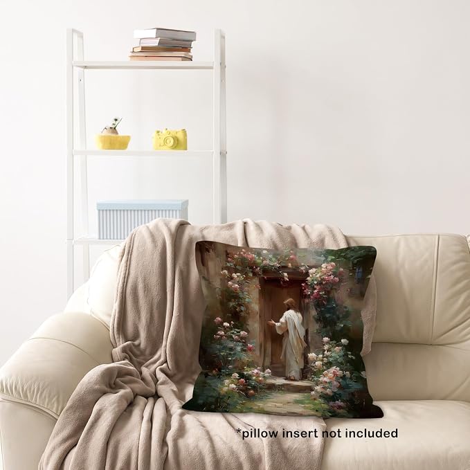 Christian Jesus Throw Pillow Covers Gifts 18x18, Vintage Religious Decor Pillow Cases for Bedroom Living Room, Cottagecore Jesus Knocking Door Decorative Square Pillowcases for Couch Bed Sofa