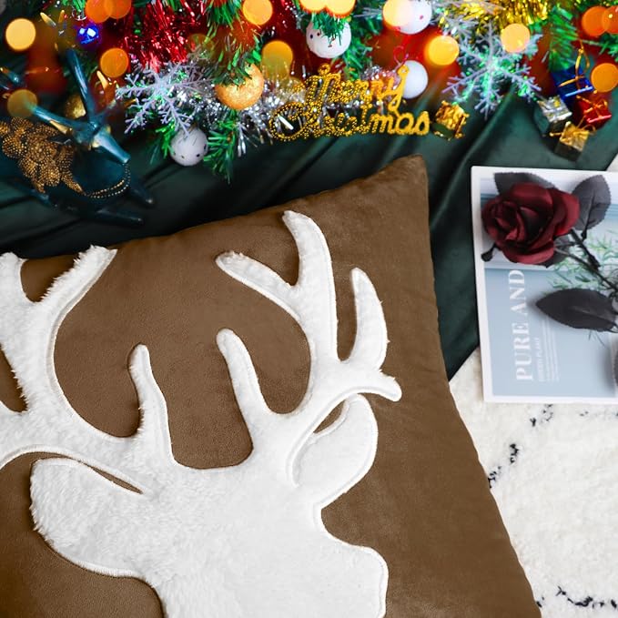 BRAWARM Christmas Pillow Cover 18 X 18 Inches, Brown Reindeer Embroidered Pillow Cover, Soft Velvet Decorative Throw Pillow for Couch Bed Sofa Living Room Home