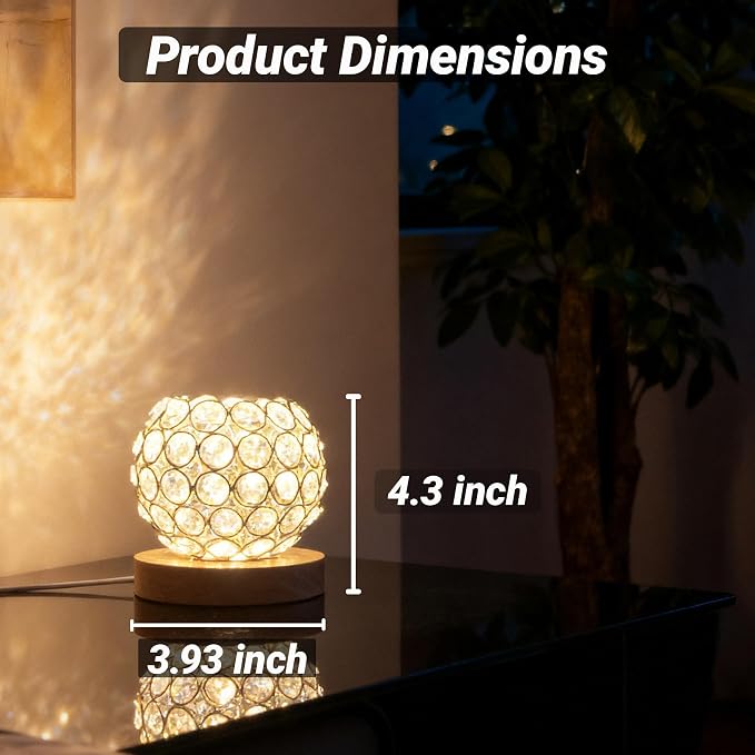 Crystal Mood Table Lamp, Voice Control K9 Glass Sphere Light, Wood Base