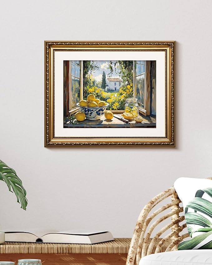WHASAYART Vintage Gold Framed Bowl and Jar Lemon Canvas Wall Art 13x16 Inch | Summer Rustic Cottage Farmhouse Window Scene Garden View Painting, Dining Room Still Life Home Kitchen Wall Decor