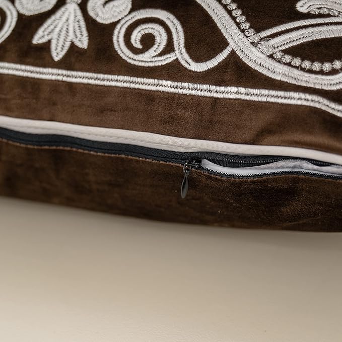 Aeckself European Floral Pillow Cover 18x18 Inch, Luxury Velvet Embroidered Decorative Throw Pillow Cover for Couch Bedroom Living Room, Brown and White