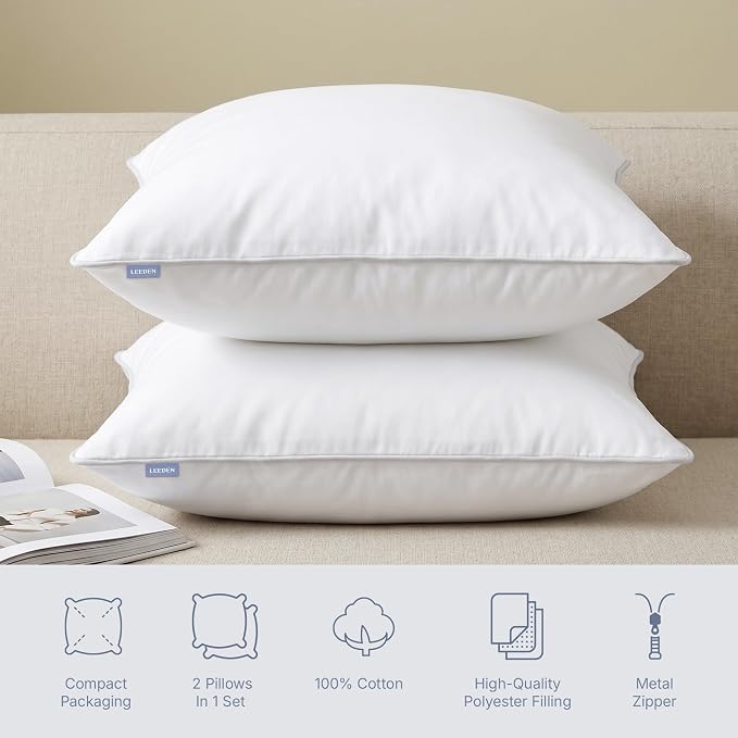 Leeden 12 x 20 Pillow Inserts (Set of 2) - Throw Pillow Inserts with 100% Cotton Cover - Decorative Rectangle Interior Sofa Pillow Inserts with Zipper for Sofa, Couch and Home Decor- White