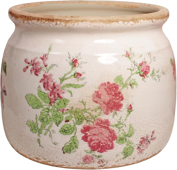 Decorative Pink Vintage Floral Pots, Ceramic Garden Pots with Drainage | Grandma Flower Pots for Indoor Plants, Succulent & Herb Pots, Crackle Glaze Pottery, Maximalist Chic Decor, Mom Gifts