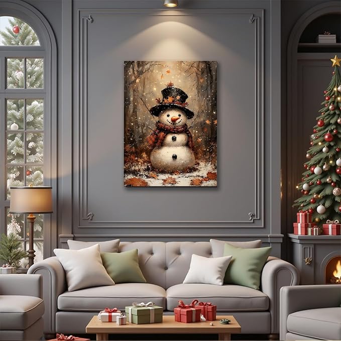Vintag Snowman in Forest Christmas Canvas Print 12x18, Fall Wall Art, Rustic Winter Holiday Paintings, Christmas Art for Living Room Christmas Poster & Prints for Home Decorations