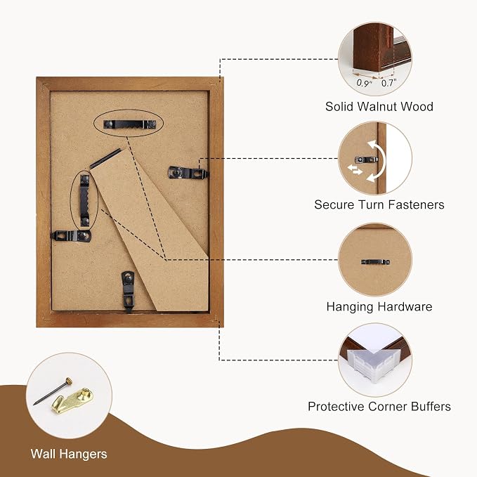 SNAPSHOT 5x7 Picture Frame, Natural Walnut Wood Photo Frame Set with Real HD Glass for Pictures 4x6 with Mat or 5x7 Without Mat, Gallery Poster Frame for Wall or Tabletop - 2Pcs