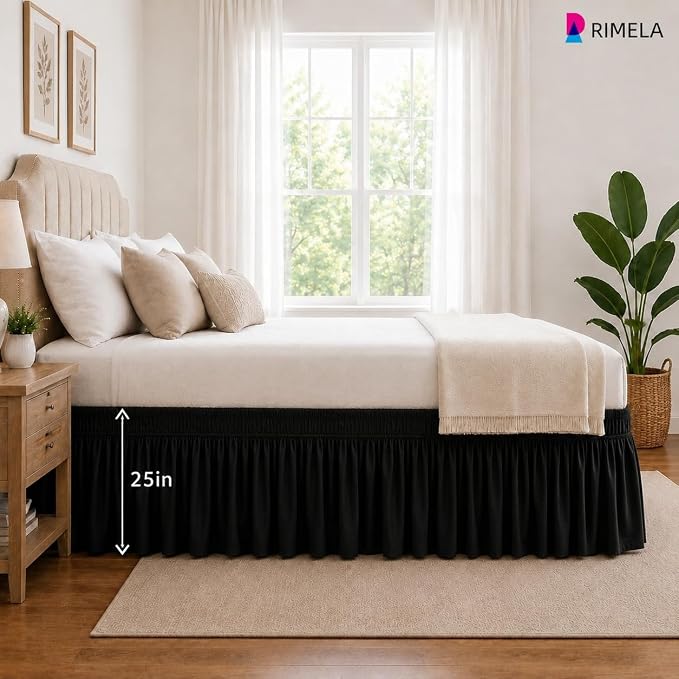 Black Bed Skirt Queen Size 25 Inch Drop, Elastic Wrap Around Bedskirt | Solid Ruffled, Easy to Use, No Mattress Lifting, Wrinkle & Fade Resistant, with Adhesive Strips, Machine Wash/Dry/Iron