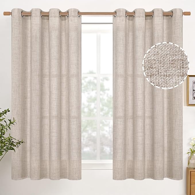 YoungsTex Natural Linen Curtains for Short Window 52X54 Inch Long 2 Panels | Textured Semi Sheer Drapes with Bronze Grommet Privacy Light Filtering for Bathroom Bedroom