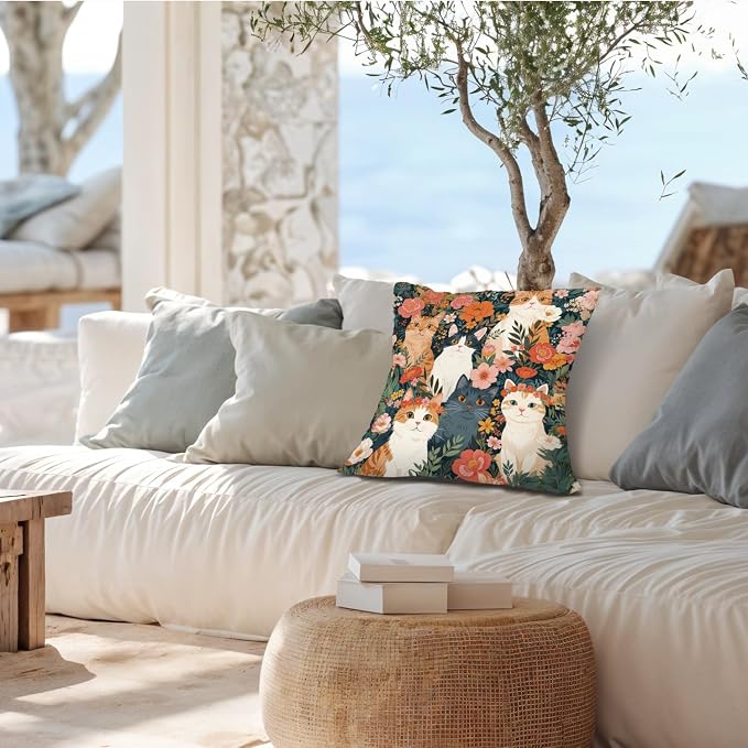 Vintage Floral Cat Pillow Covers 18x18, Cottagecore Room Decor, Whimsical Flowers Botanical Kitty Decorative Throw Pillow Covers Pillowcases for Bedroom Living Room Home Decor