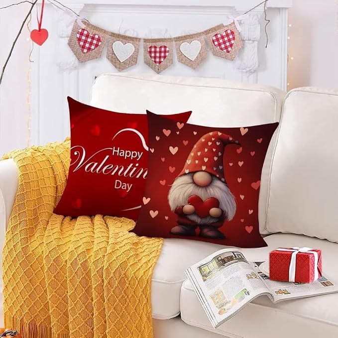 YeeJu Happy Valentines Day Pillow Covers 24x24 Set of 4 Red Love Heart Gnome Pillow Cases Velvet Wedding Anniversary Love You Cushion Covers for Outdoor Couch Sofa Decoration(24 Inch)