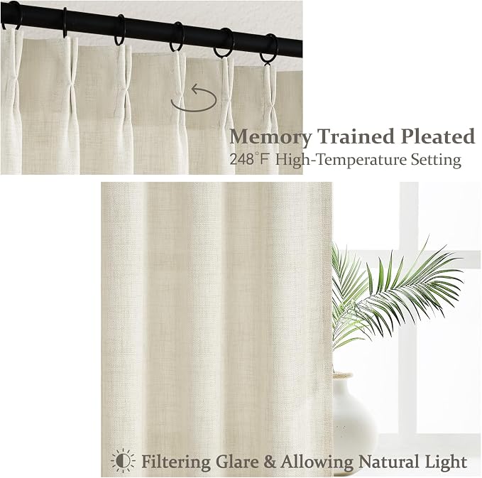 Cream Memory Shape Pleated 95 Inch Curtains 2 Panels Set for Dining Room, Natural Linen Textured Semi Sheer Heavy Drapes Light Filtering Privacy 94-96 Inches Long Windows Curtain with Hooks & Rings