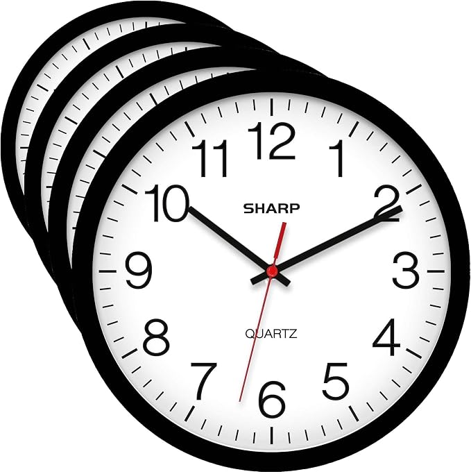 Sharp Wall Clock – Black, Silent Non Ticking 12 Inch Quality Quartz Battery Operated Round Easy to Read Home/Kitchen/Office/Classroom/School Clocks, Sweep Movement (Pack of 4)