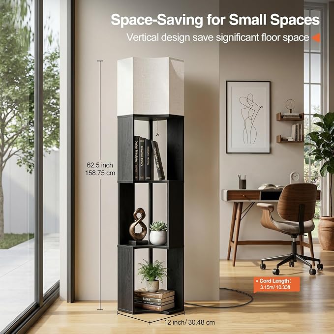 Floor Lamp with Shelves, Modern 3-Tier Wood Corner Storage Bookshelf Lamp for Living Room, 3 Color Temperatures LED Bulb Included, Tall Wooden Display Light, Black
