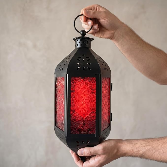 Vela Lanterns Hanging Moroccan Lantern with LED Twinkle Fairy Lights - Exotic Decorative Patio & Porch Decor, Indoor Outdoor Candle Lamp Holder with Chain (13" Large, Red Glass)