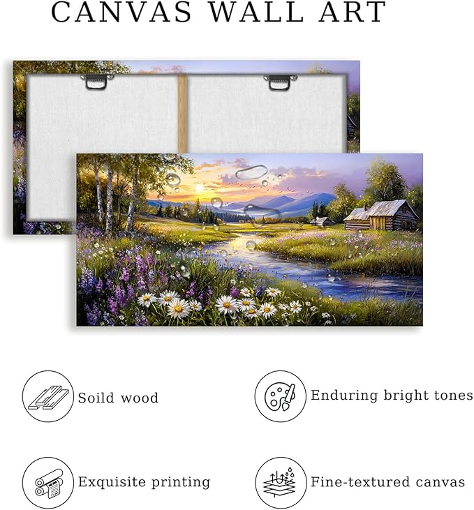 SERIMINO River Landscape Wall Decor, Countryside Sunset Art Prints 24"X48" | Rustic Country Wall Art, Meadow Wildflower Canvas Pictures, Bedroom Kitchen Decor, Ready To Hang, Fade-resistant Inks