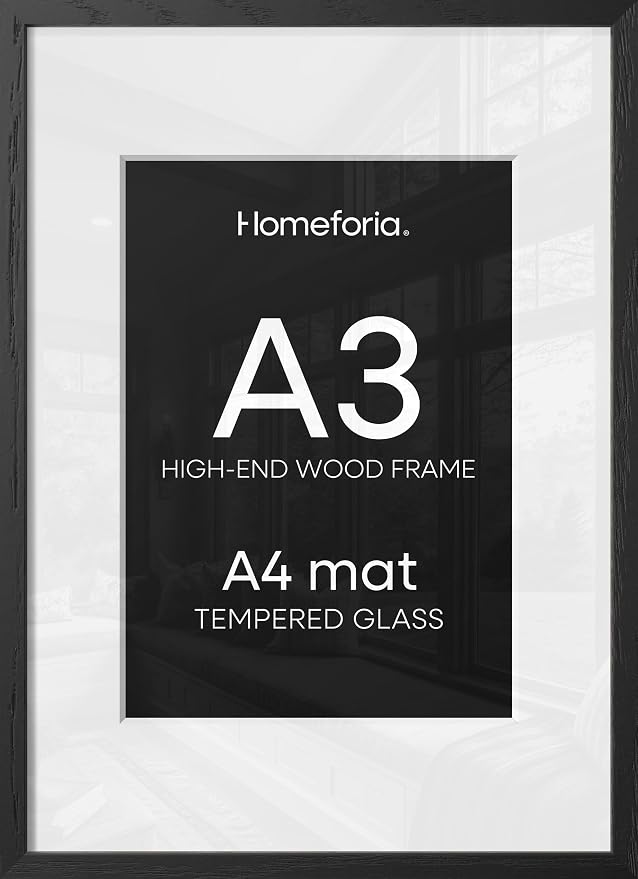 Homeforia A3 Black Oak Picture Frame, High-End Wood, A4 Mat, Glass