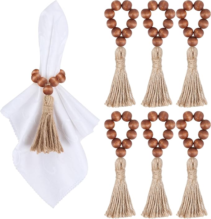 Meplait 6 Pack Wooden Bead Napkin Rings, Boho Farmhouse Table Decor, Brown | Wooden Napkin Rings, Stretchable Napkin Ring Holders, for Wedding Banquet Holiday Party Family Dinner