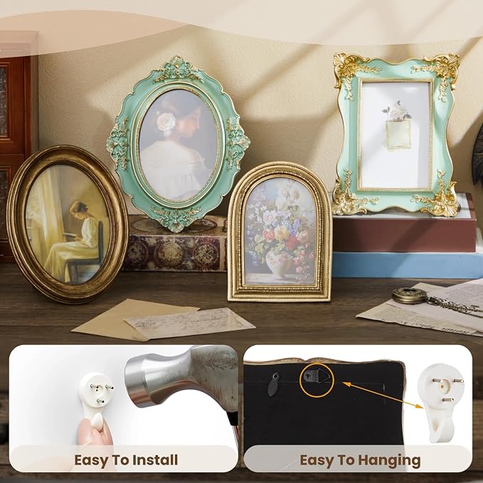 Lineshading 8 Pcs Picture Vintage Gallery Wall Frame Set | Antique Resin Picture Frame Collage Including Baroque Victorian for Wall Tabletop Display for Bedroom, Vintage Gold Green