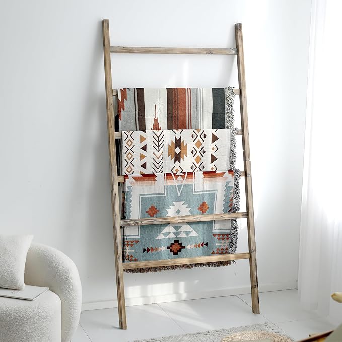 FUIN Blanket Ladder, 38in Extra Wide Wooden Rustic Decor Rack, Burnt Brown | 6.4 ft high solid wood, farmhouse quilt display ladders, organize blankets, leaning wall, bathroom and living room use
