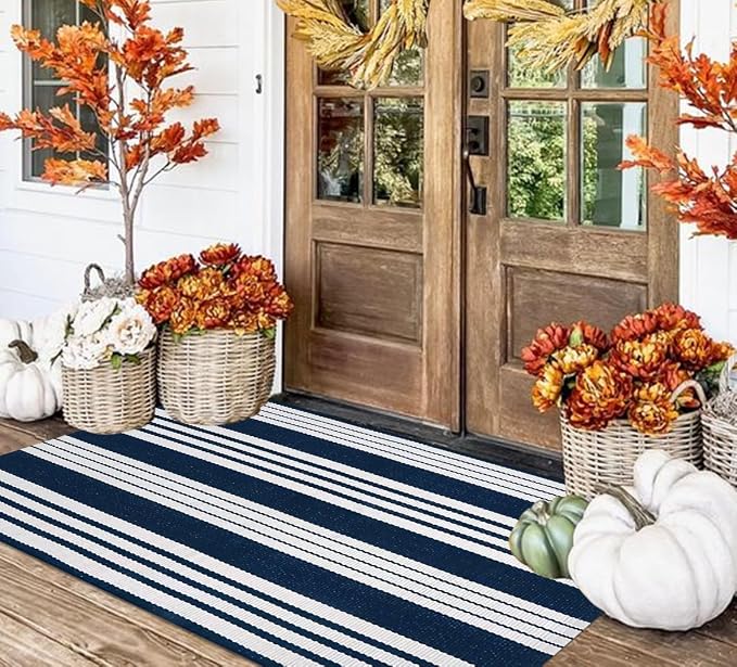 Blue and White Outdoor Rug 3'x 5'Striped Front Porch Rug Layered Door Mat | Cotton Woven Machine Washable Farmhouse Indoor Outdoor Area Rug Combined With Hello Welcome Mat
